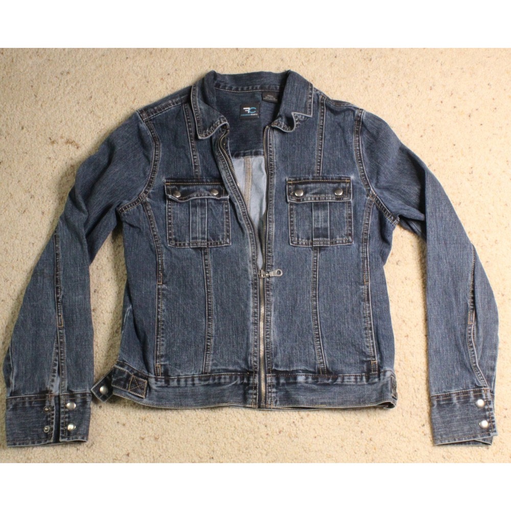 Women's Denim Jacket M Full Zip Dark Wash Utility Y2K French Cuff Style